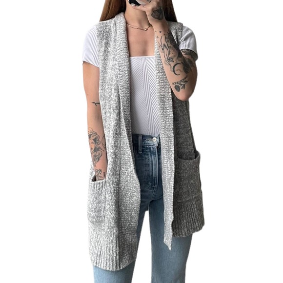 LOFT Sweaters - Grey Knit Chenille Sleeveless Cardigan Sweater Open Front - Size L / XL
